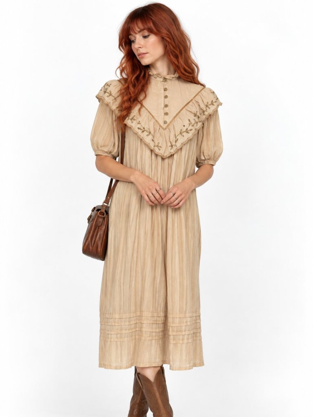 Vintage Cream Prairie Bohemian Ruffle Yoke Dress Size Small